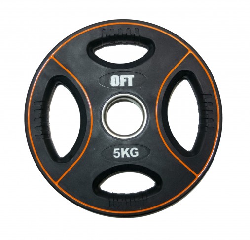 Диск олимпийский полиуретановый черный с четырьмя хватами 5 кг Original Fit.Tools ф50 мм